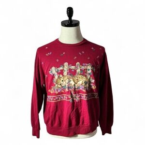 Vintage Cozy Red Cat & Fence Graphic Sweatshirt Womens Long Sleeve Cat Lady FLAW